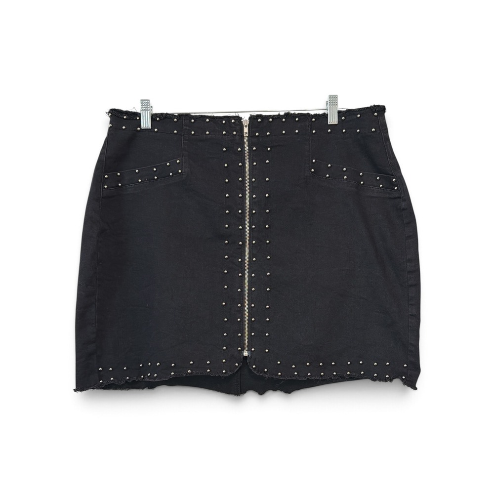 Forever 21+ Black Studded Denim Mini Skirt Front Zip Raw Hem Plus Size 3X
